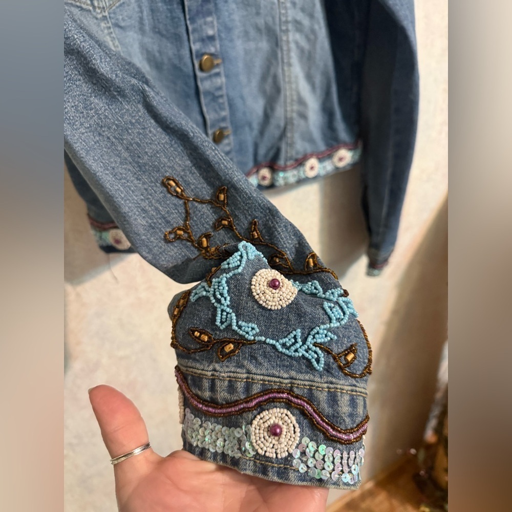 Vintage Boston Proper Multicolor Sequin And Beaded Jean Jacket, Sz Small - Picture 4 of 10
